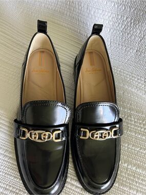 Sam Edelman Women’s Black Patent Leather Loafers with Gold Hardware